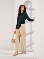 Women Dark Green Textured Regular Fit Full Sleeve Casual Shirt