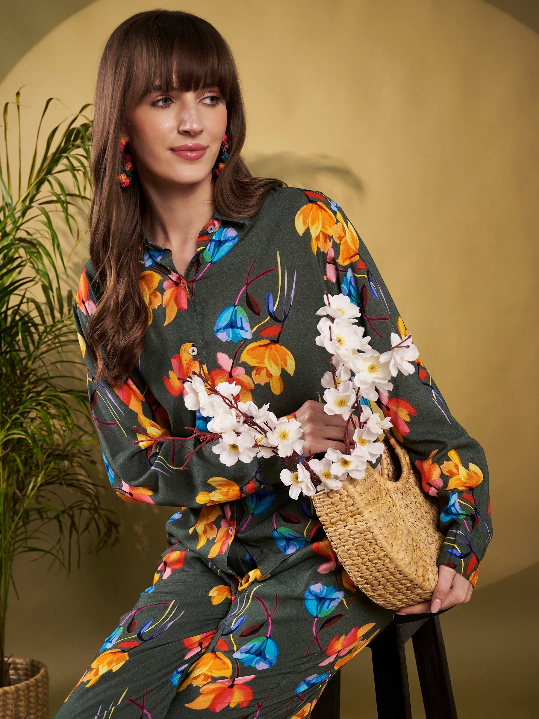 Olive Green Floral Printed Co-Ord Set