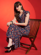 Navy Floral Belted Midi Dress