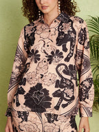 Women's Beige & Black Printed Shirt & Straight-Fit Pants Co-Ord Set