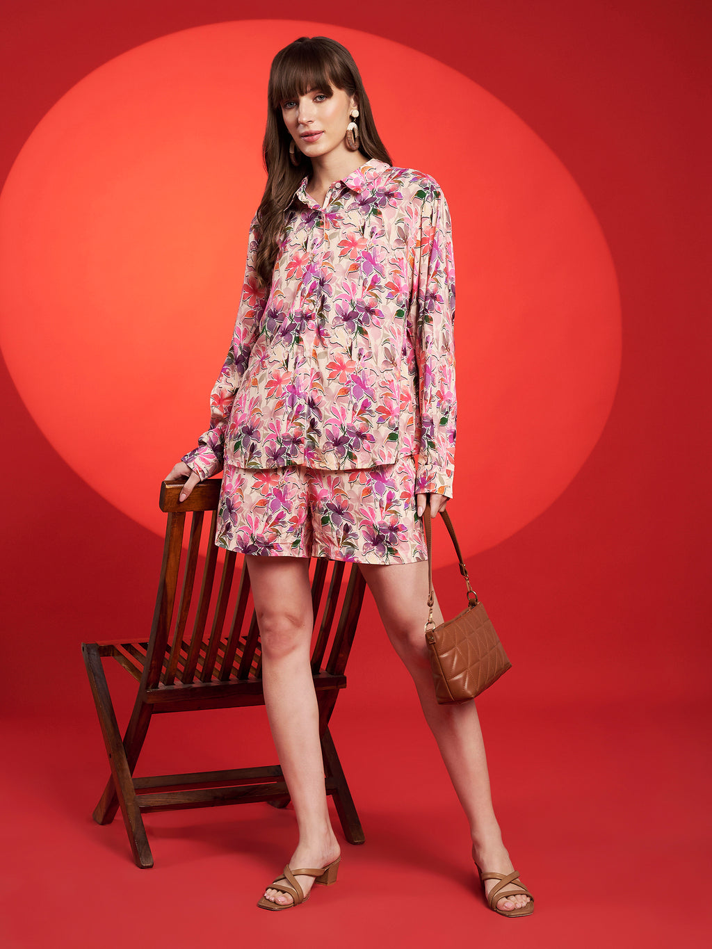Peach & Mustard Floral Shirt-Shorts Co-Ord Set