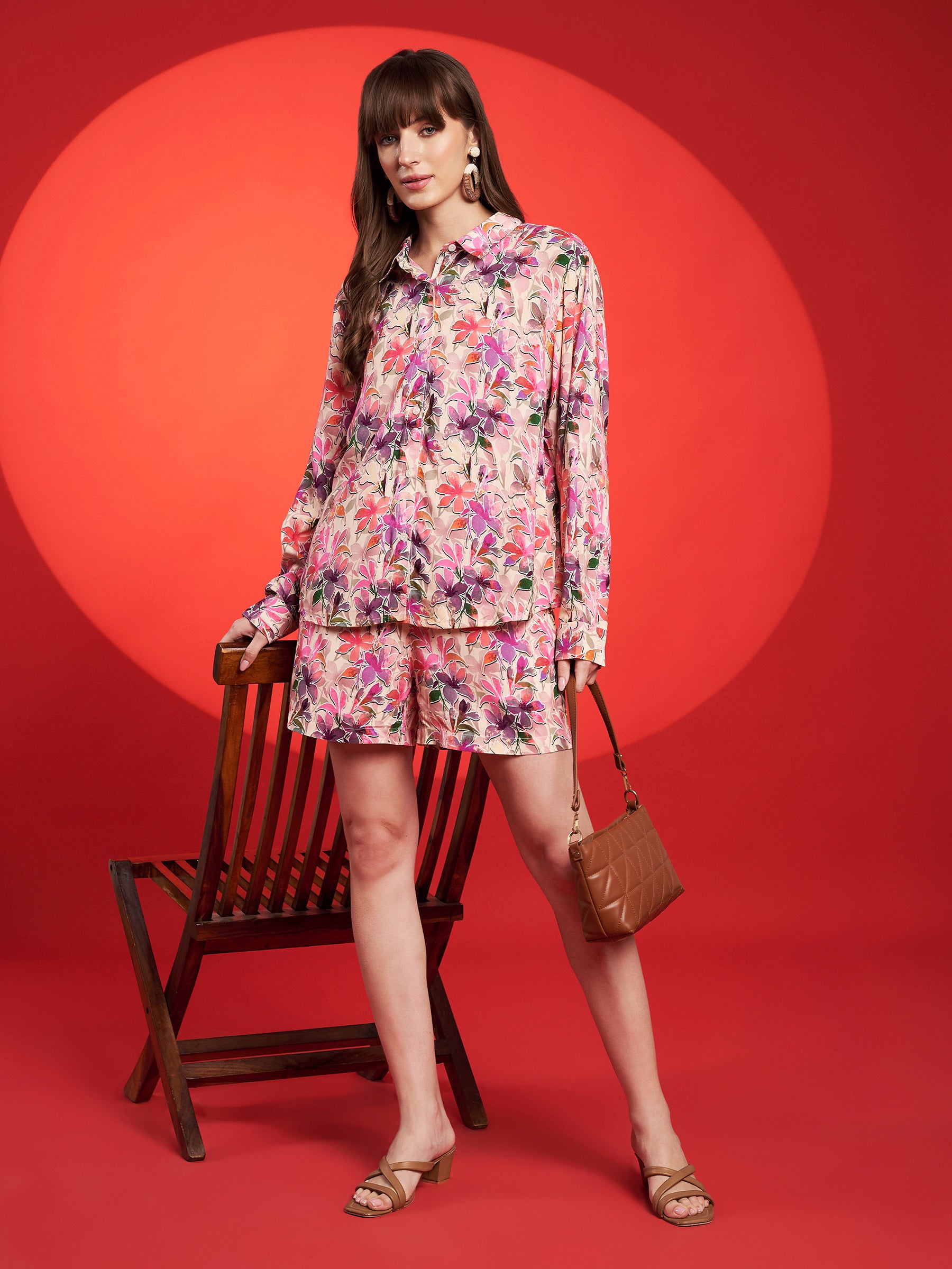 Peach & Mustard Floral Shirt-Shorts Co-Ord Set