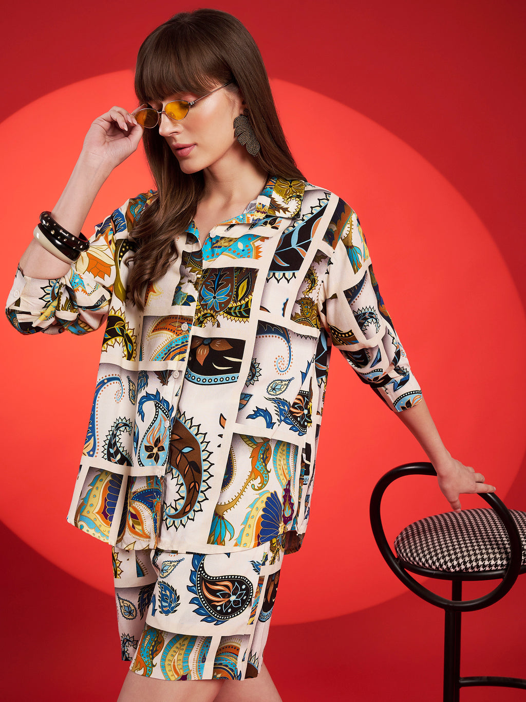 Beige Multicolor Paisley Printed Shirt-Shorts Co-Ord Set