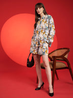 Mustard & Grey Abstract Printed Shirt-Shorts Co-Ord Set