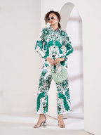 Women's White & Green Ornamental Print Shirt & Straight-Fit Pants Co-Ord Set