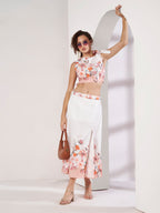 Women's White Floral Crop Top & Wrap Midi Skirt Co-Ord Set
