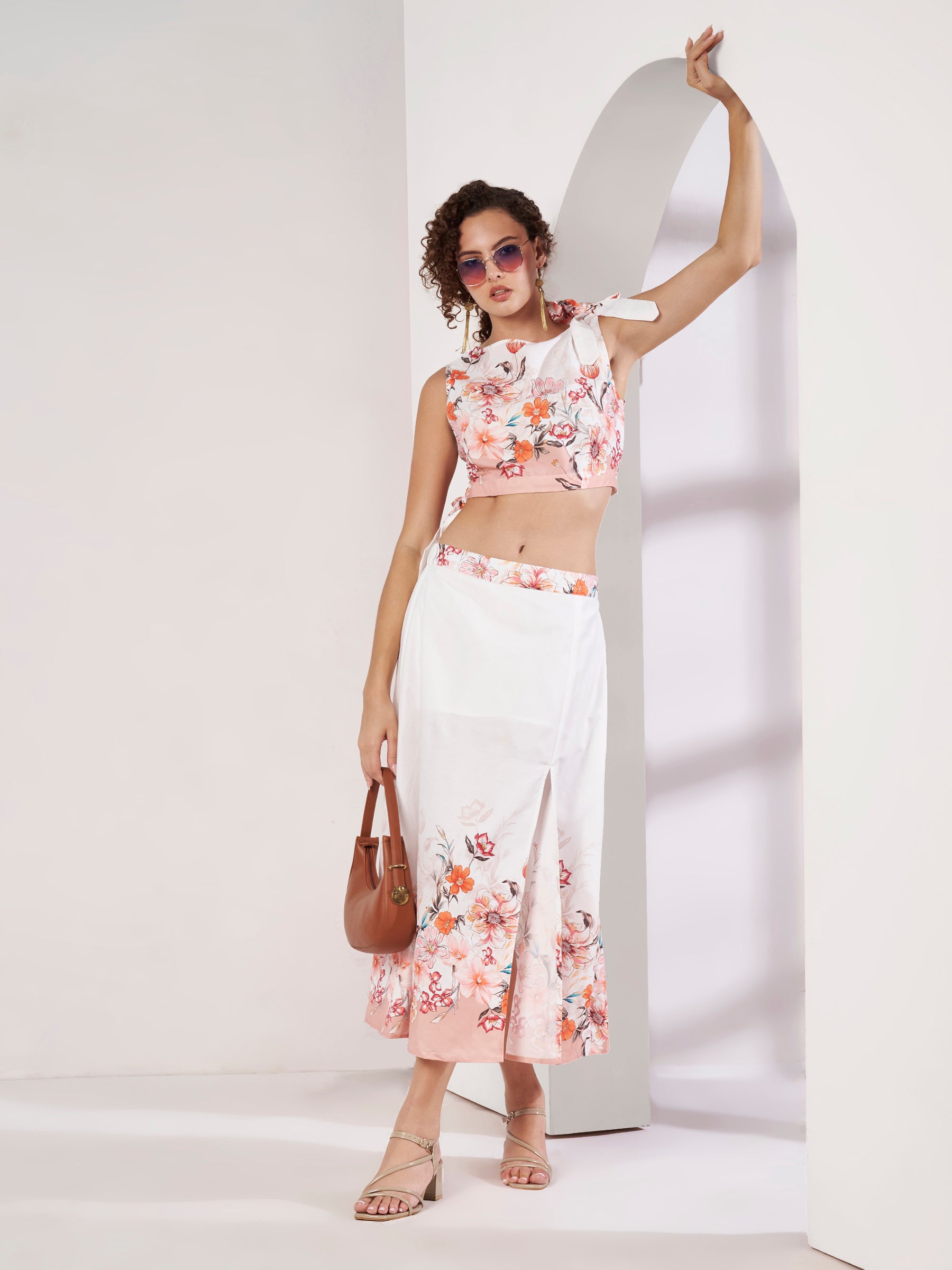 Women's White Floral Crop Top & Wrap Midi Skirt Co-Ord Set