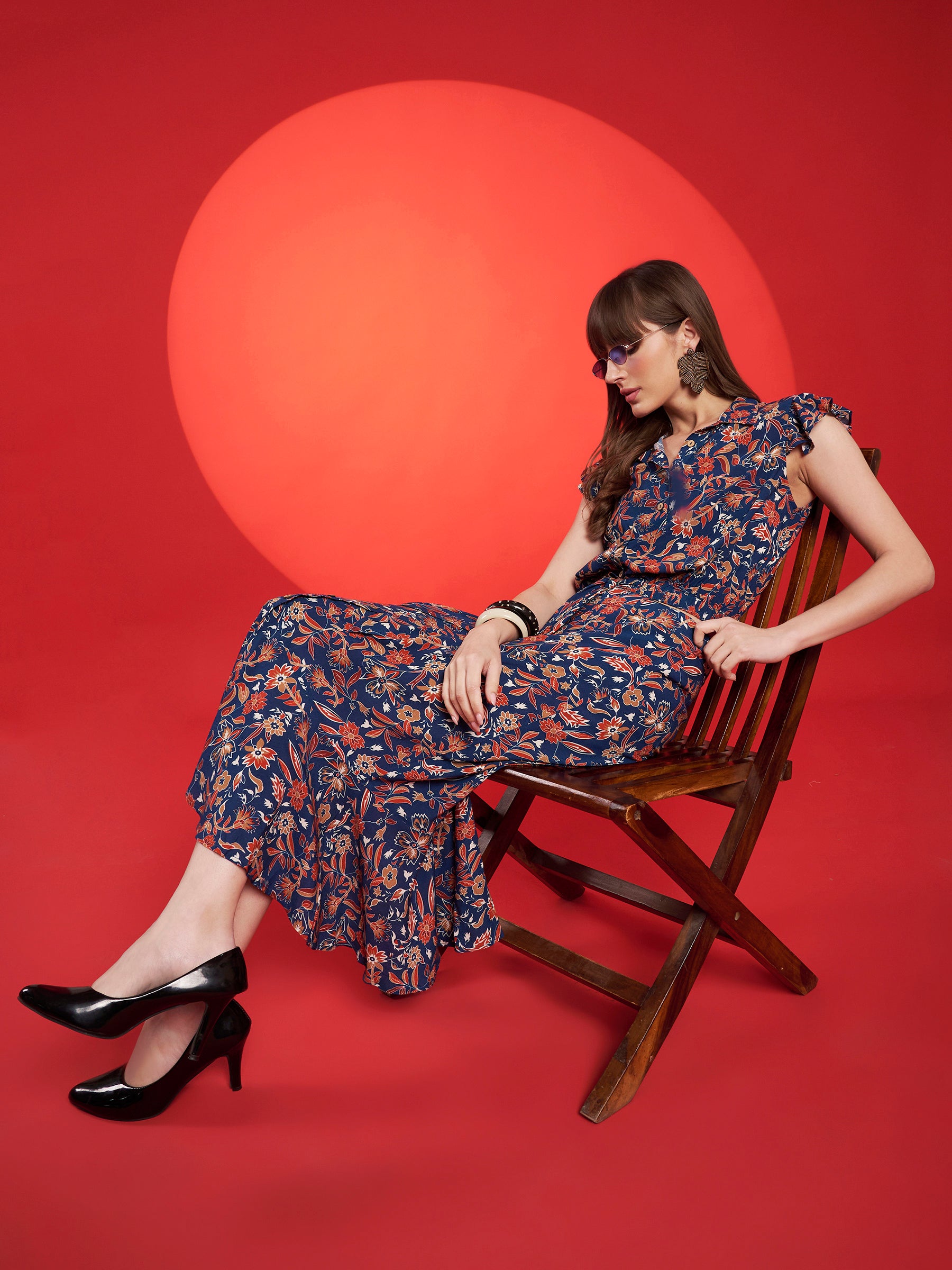 Navy Floral Belted Midi Dress