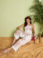 White Floral Peplum Top & Wide-Leg Pants Co-Ord Set