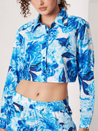 Women's Blue Floral Print Crop Shirt & Shorts Co-Ord Set