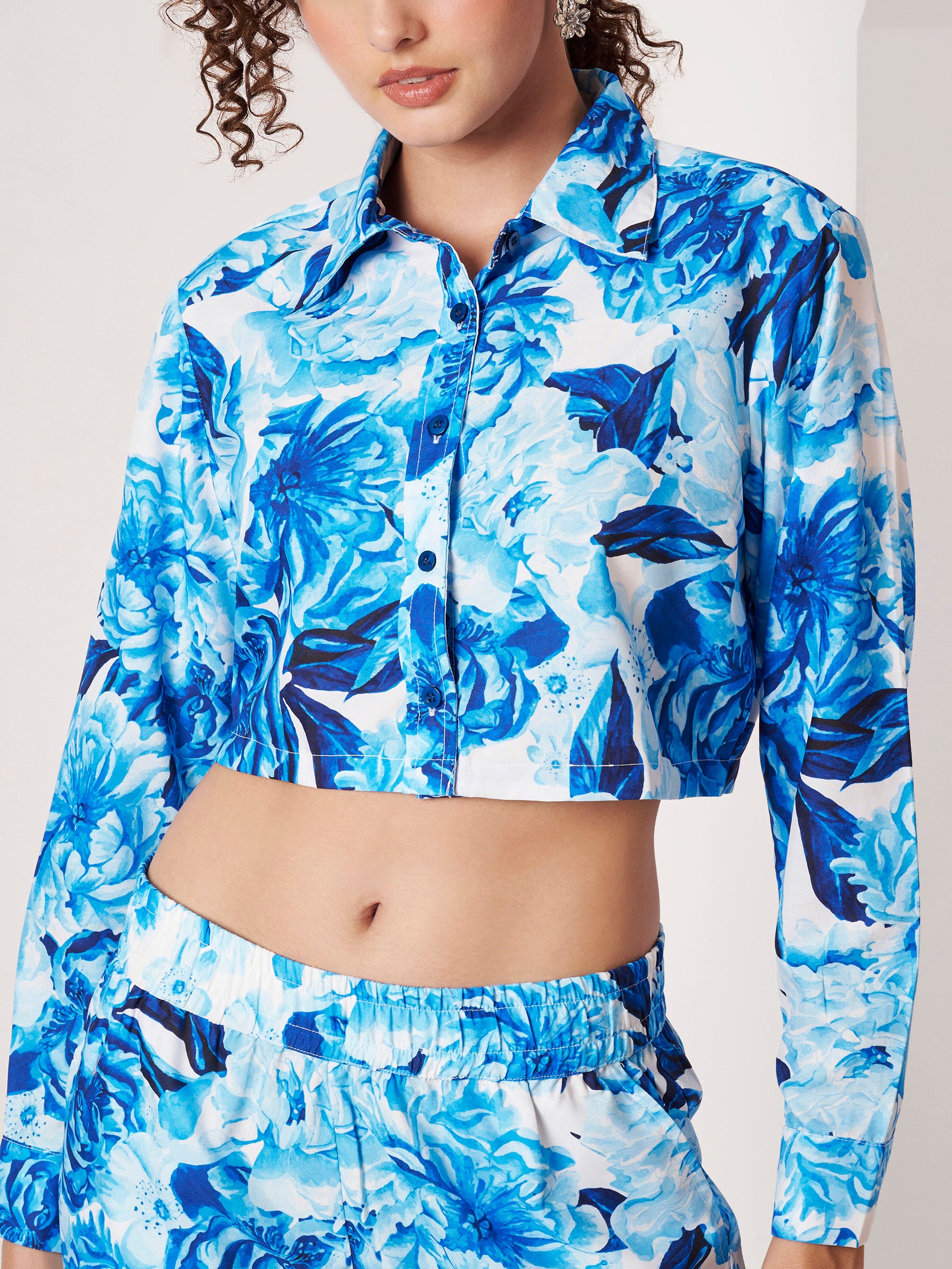 Women's Blue Floral Print Crop Shirt & Shorts Co-Ord Set