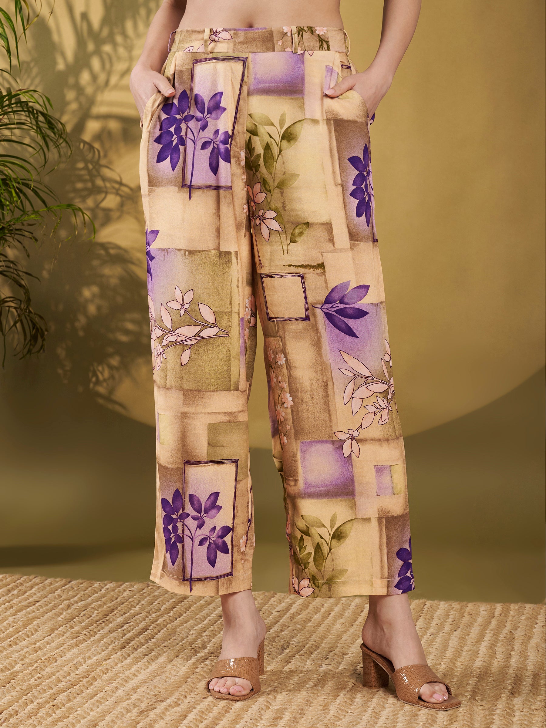 Beige & Lavender Abstract Floral Co-Ord Set