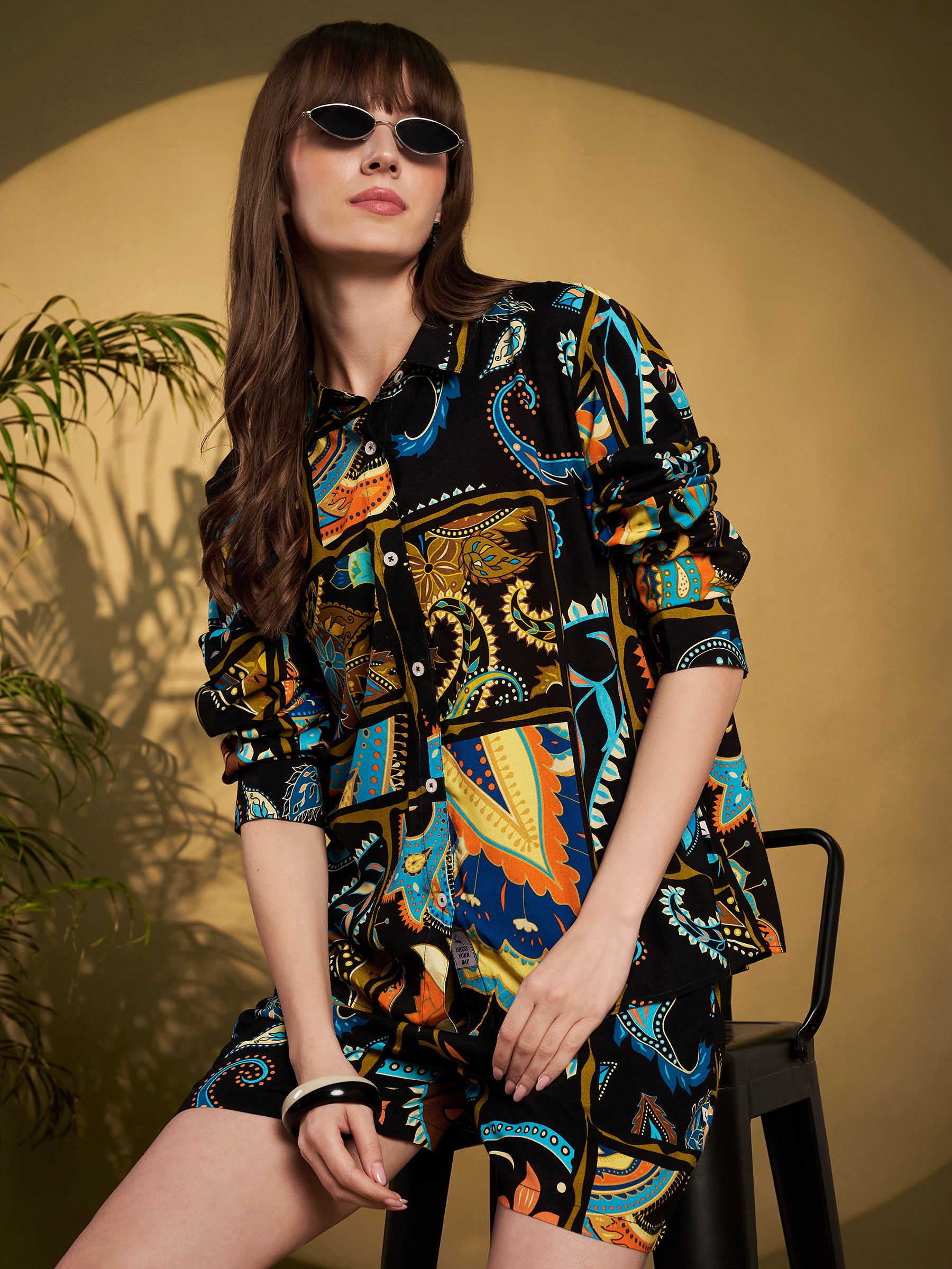 Black Multicolor Printed Shirt-Shorts Co-Ord Set