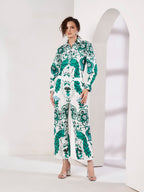 Women's White & Green Ornamental Print Shirt & Straight-Fit Pants Co-Ord Set