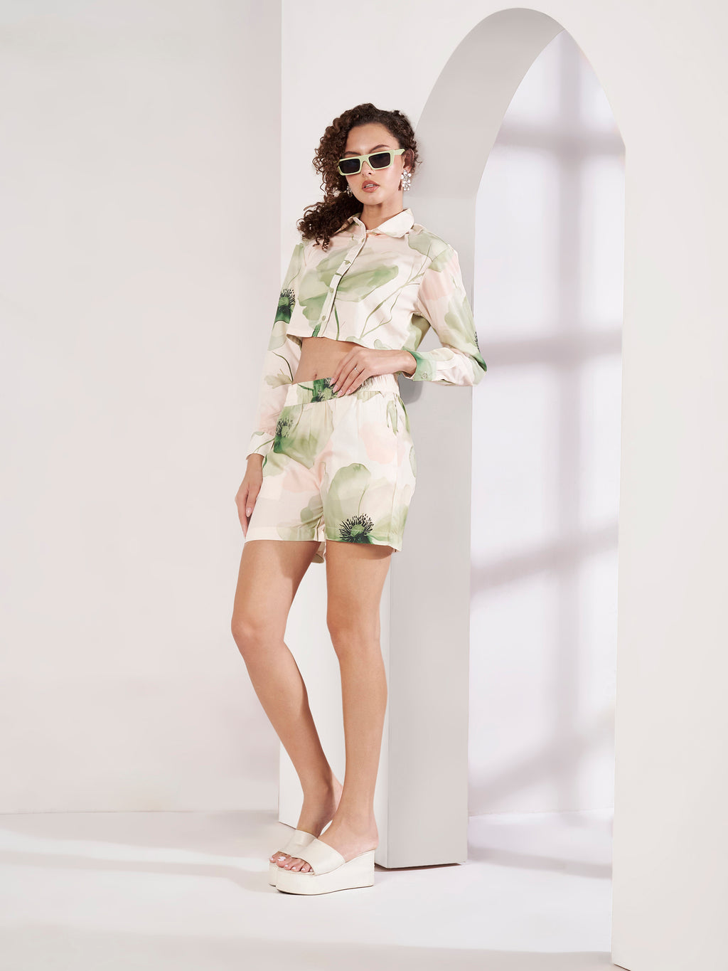 Women's Green Floral Print Crop Shirt & Shorts Co-Ord Set