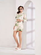 Women's Green Floral Print Crop Shirt & Shorts Co-Ord Set