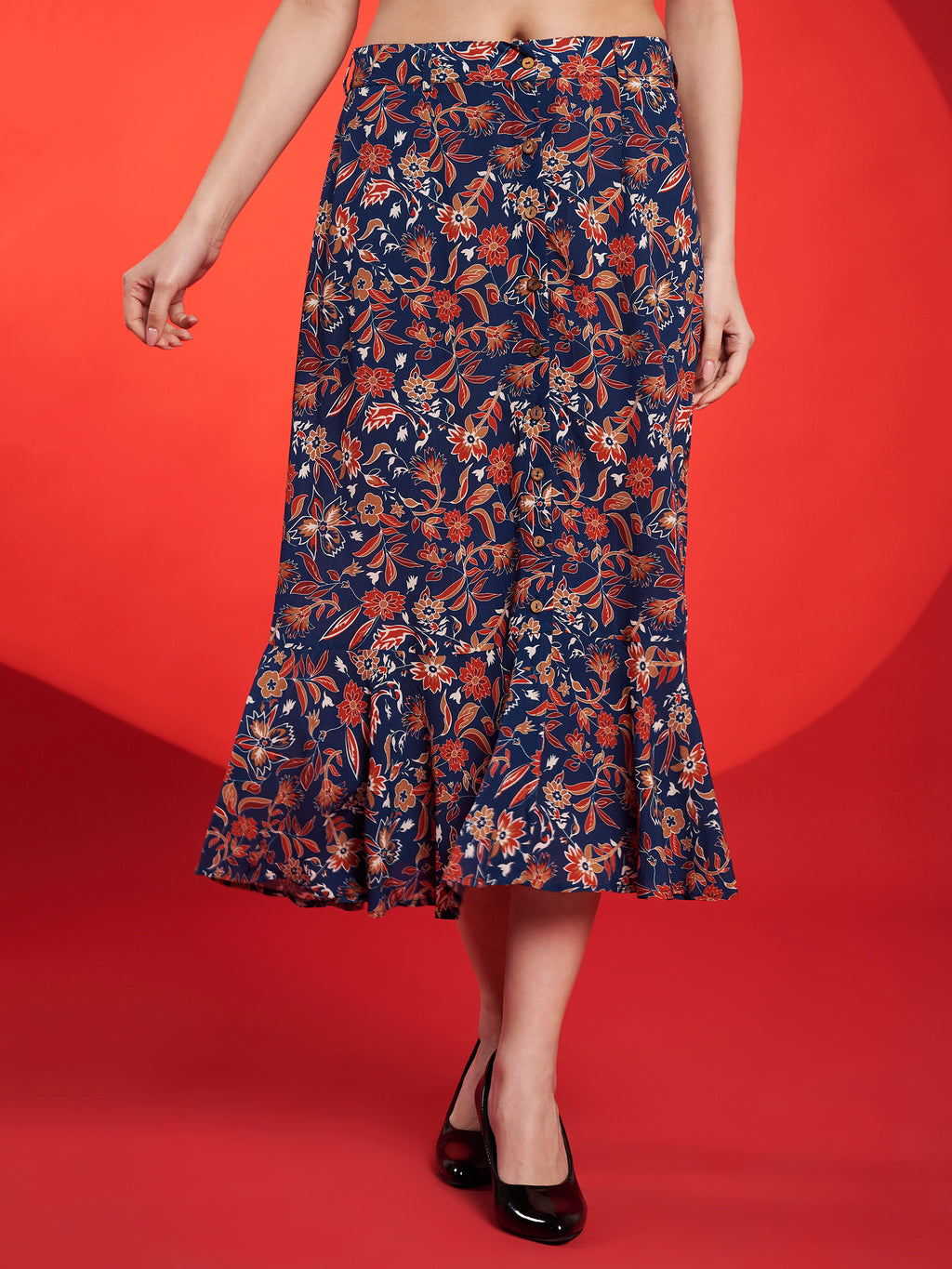Navy Floral Belted Midi Dress