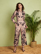 Women's Beige & Black Printed Shirt & Straight-Fit Pants Co-Ord Set