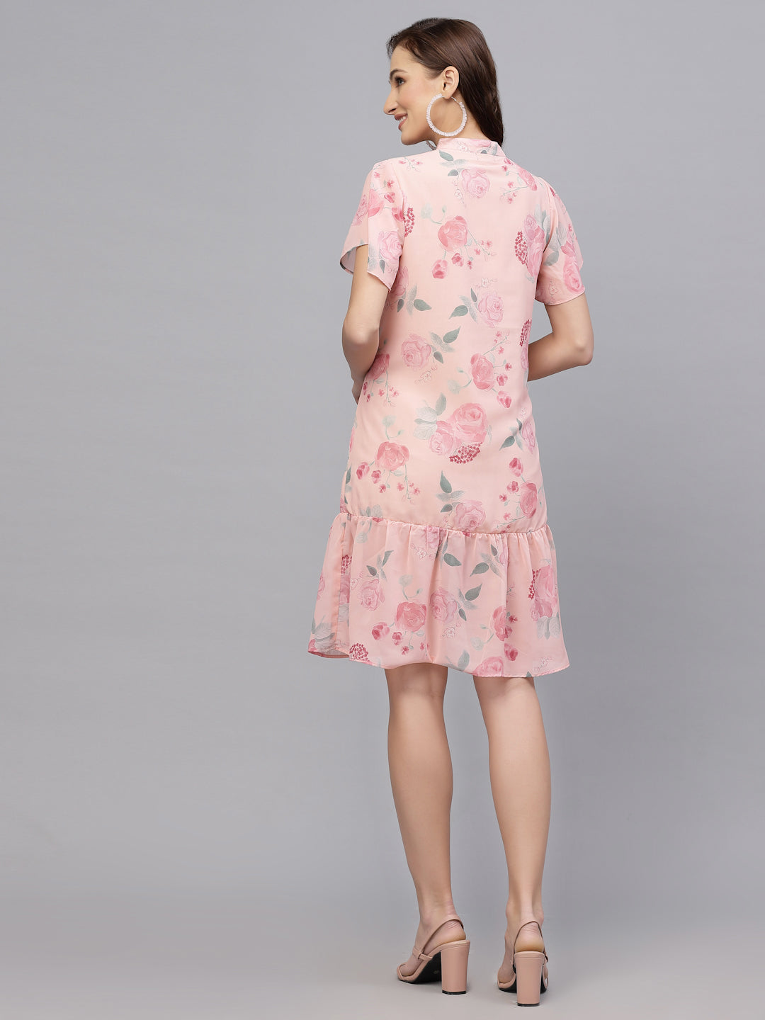 Valbone Women's peach- Georgette Printed Dress