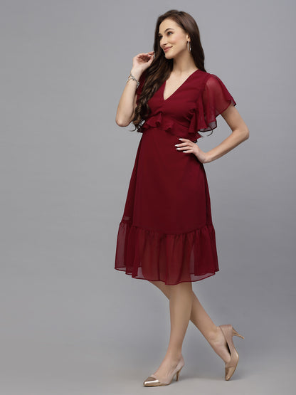 Valbone Women’s Red Georgette Solid Print Dress