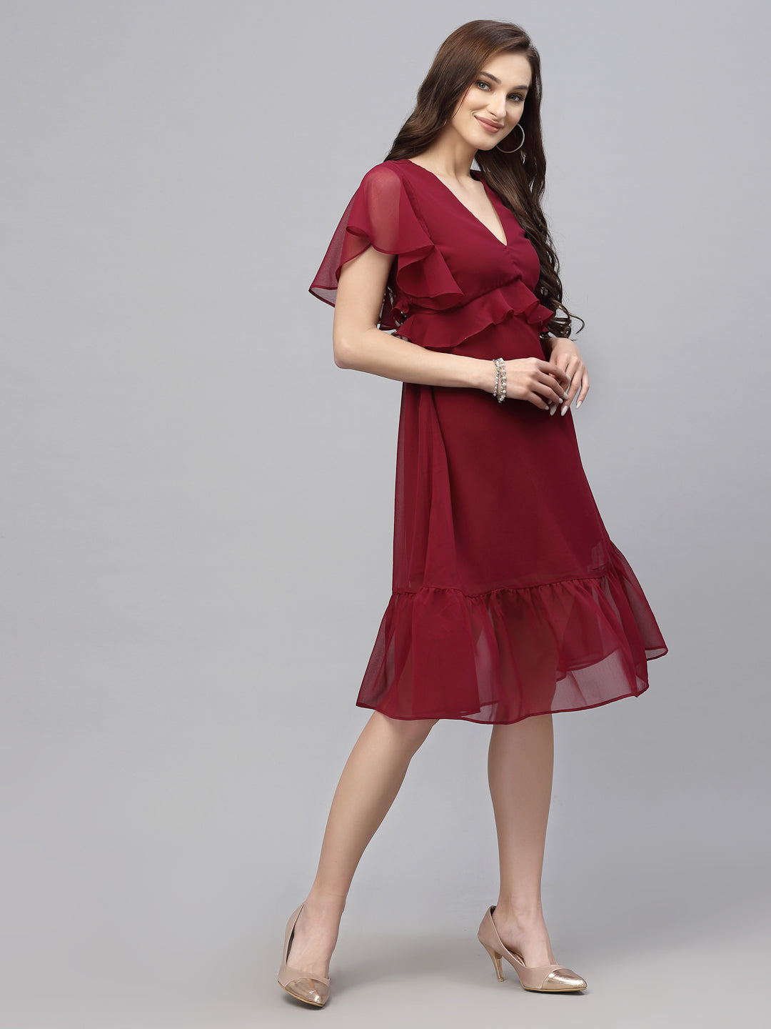 Valbone Women’s Red Georgette Solid Print Dress