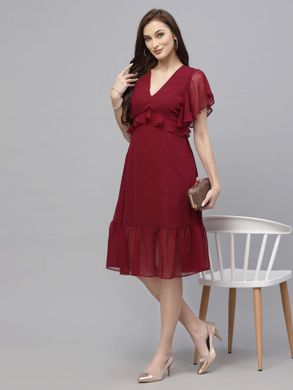 Valbone Women’s Red Georgette Solid Print Dress