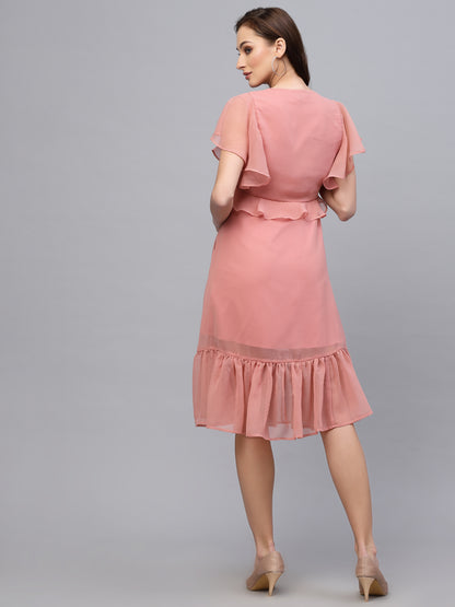 Valbone Women’s Peach Georgette Solid Print Dress