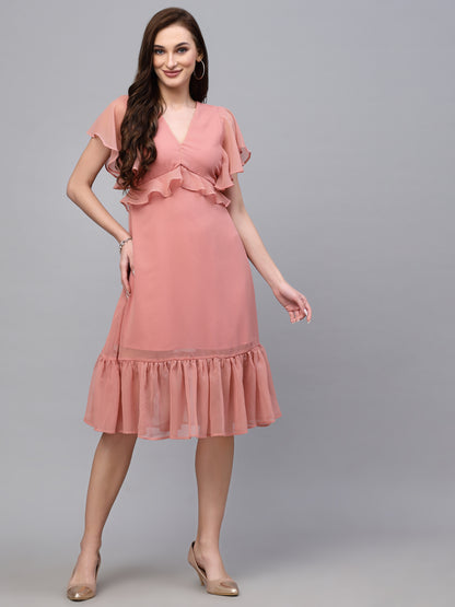 Valbone Women’s Peach Georgette Solid Print Dress