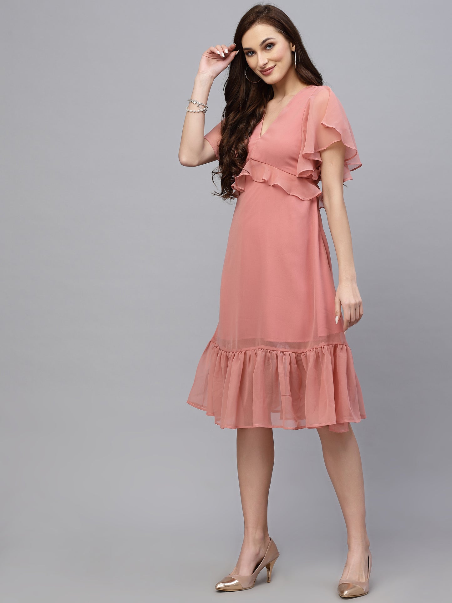 Valbone Women’s Peach Georgette Solid Print Dress