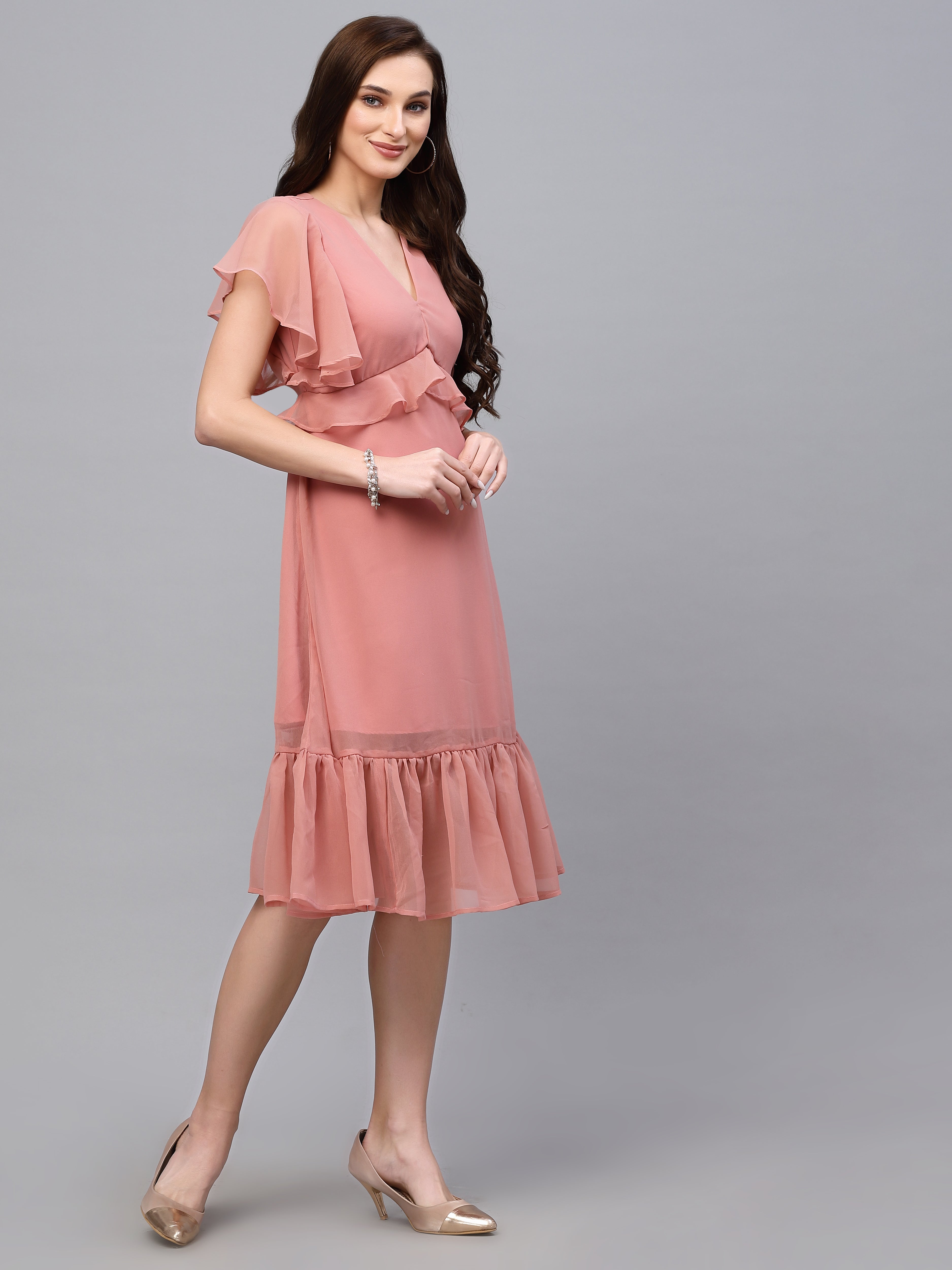 Peach Solid Print Dress