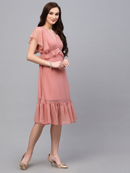 Valbone Women’s Peach Georgette Solid Print Dress