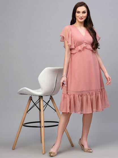 Valbone Women’s Peach Georgette Solid Print Dress