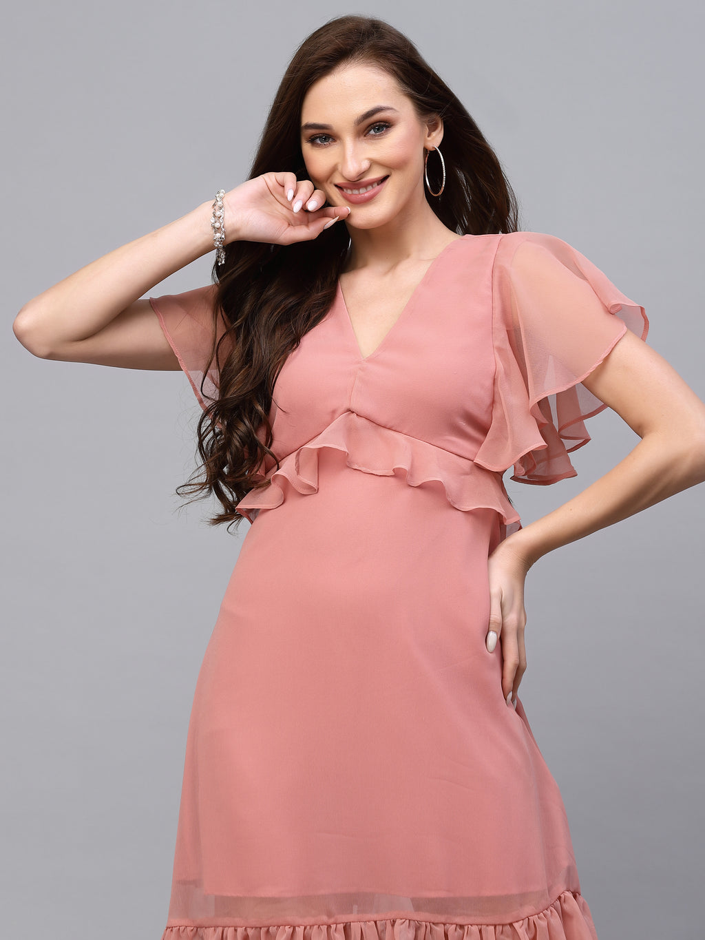 Peach Solid Print Dress