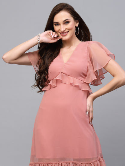 Valbone Women’s Peach Georgette Solid Print Dress