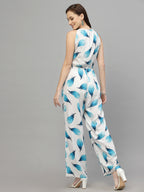 Valbone Western Wear For Women's Blue Leaves Printed Viscose Tie Pattern Jumpsuit