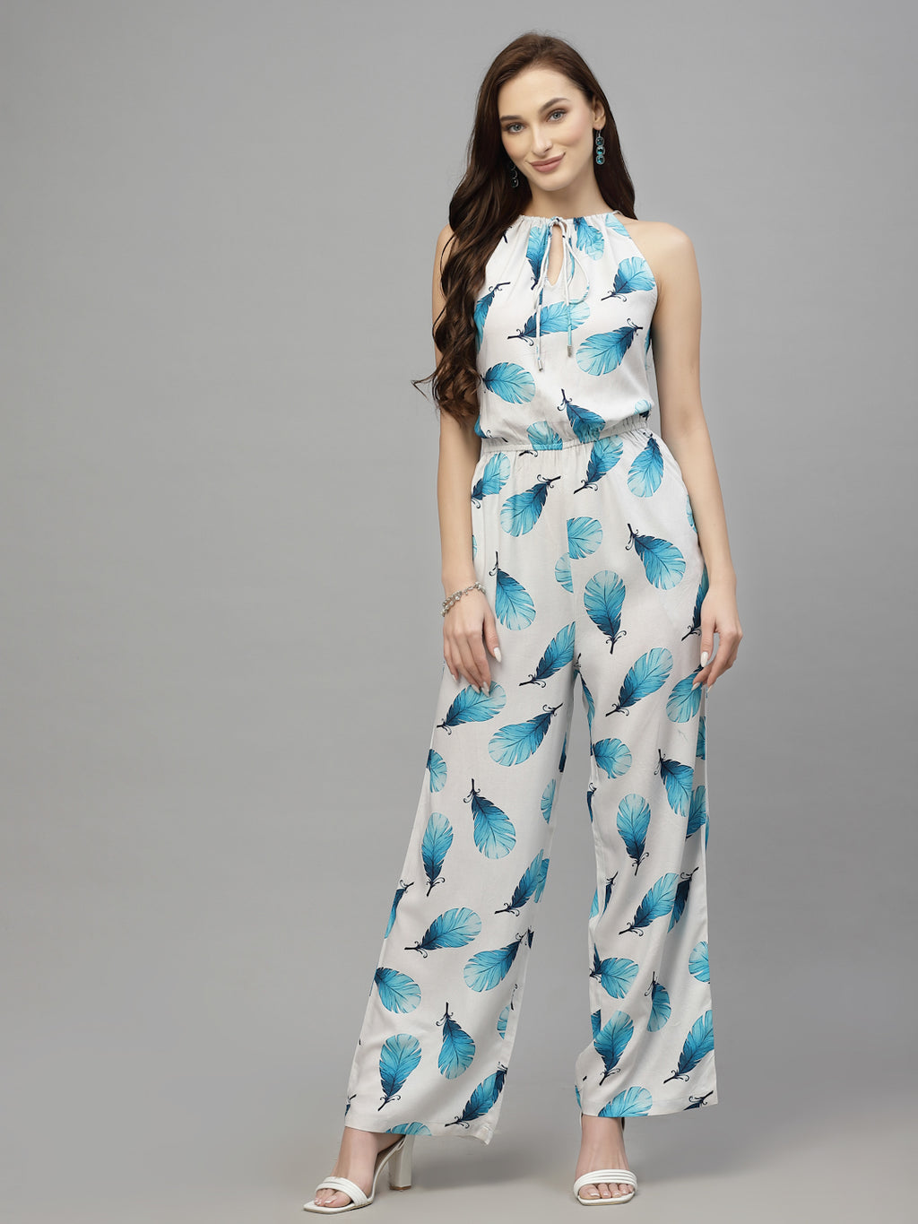 Valbone Western Wear For Women's Blue Leaves Printed Viscose Tie Pattern Jumpsuit