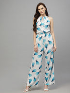 Valbone Western Wear For Women's Blue Leaves Printed Viscose Tie Pattern Jumpsuit