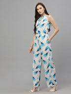 Valbone Western Wear For Women's Blue Leaves Printed Viscose Tie Pattern Jumpsuit