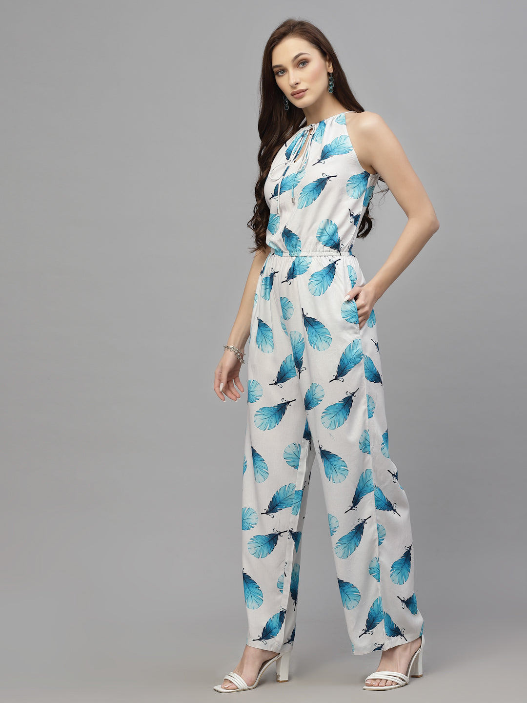 Valbone Western Wear For Women's Blue Leaves Printed Viscose Tie Pattern Jumpsuit