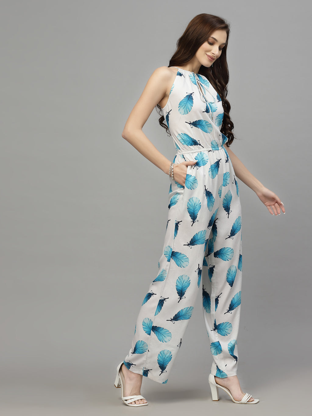 Valbone Western Wear For Women's Blue Leaves Printed Viscose Tie Pattern Jumpsuit
