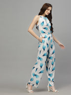 Valbone Western Wear For Women's Blue Leaves Printed Viscose Tie Pattern Jumpsuit