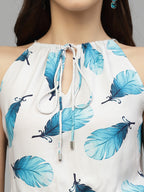 Valbone Western Wear For Women's Blue Leaves Printed Viscose Tie Pattern Jumpsuit