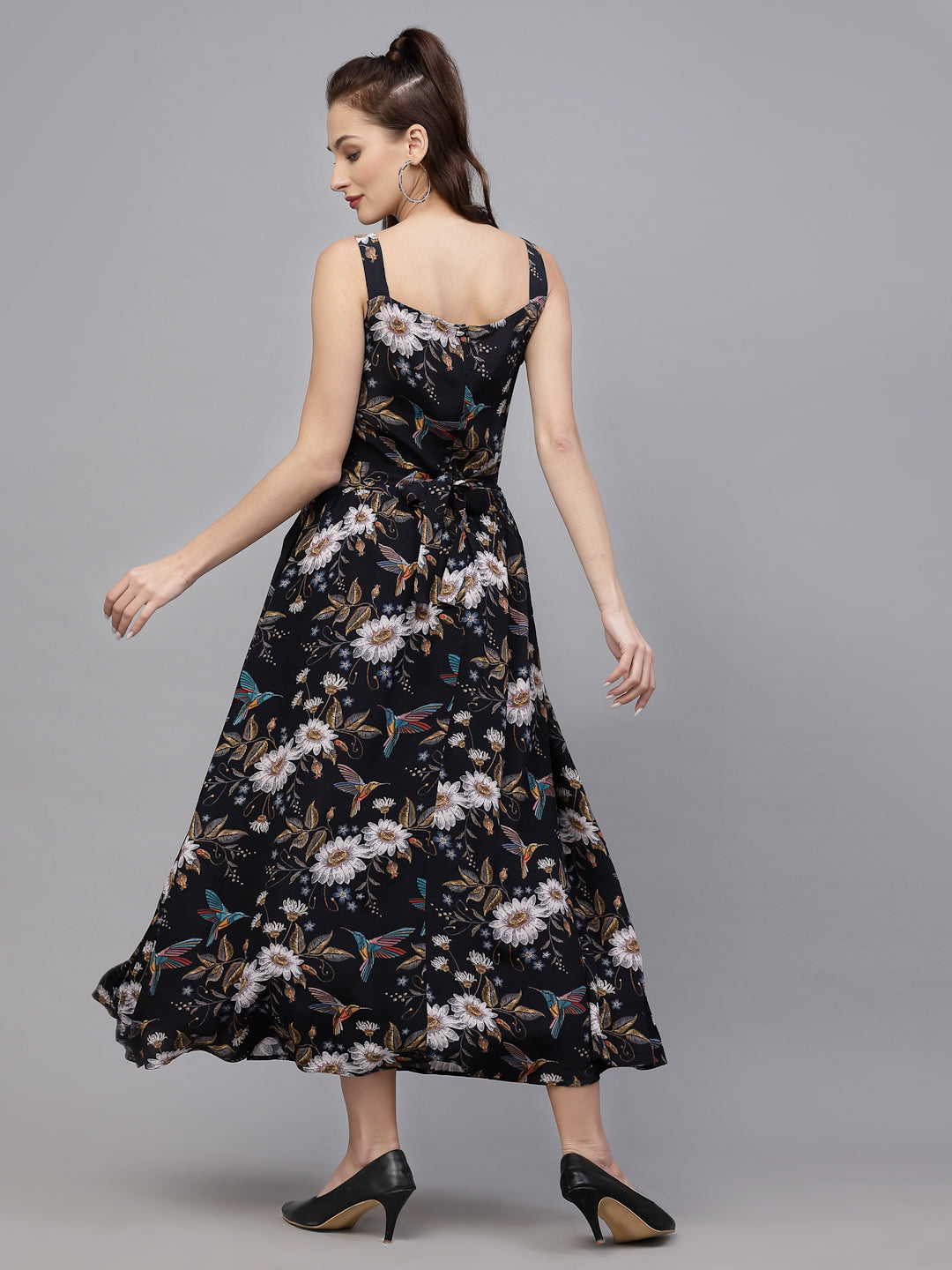 Valbone Women’s Black Floral Viscose Rayon Printed with Side Pocket & Sleeveless Dress