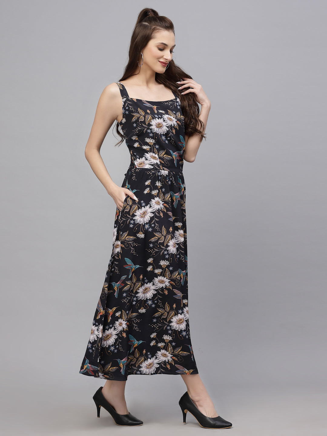 Valbone Women’s Black Floral Viscose Rayon Printed with Side Pocket & Sleeveless Dress