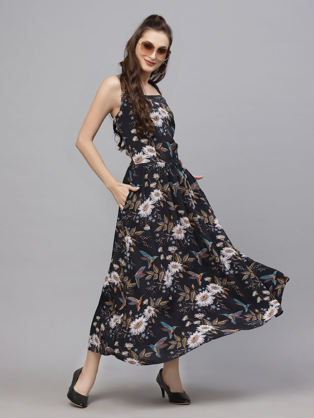 Black Floral Viscose Printed Dress