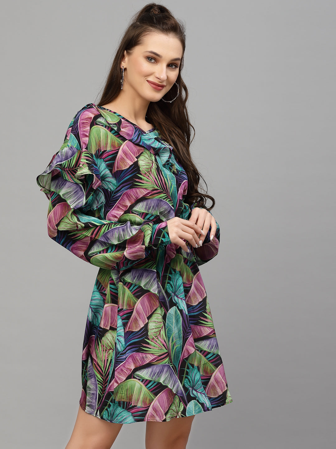 Valbone Women's Western Wear Multi-color Leaves Printed Viscose Dress