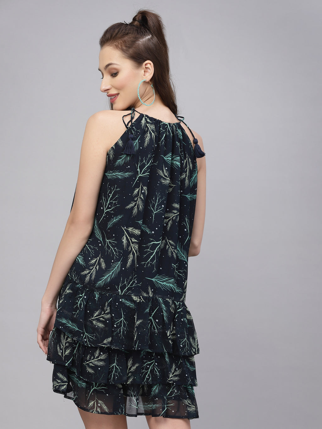 Navy Blue Tie knot leaf Printed Dress