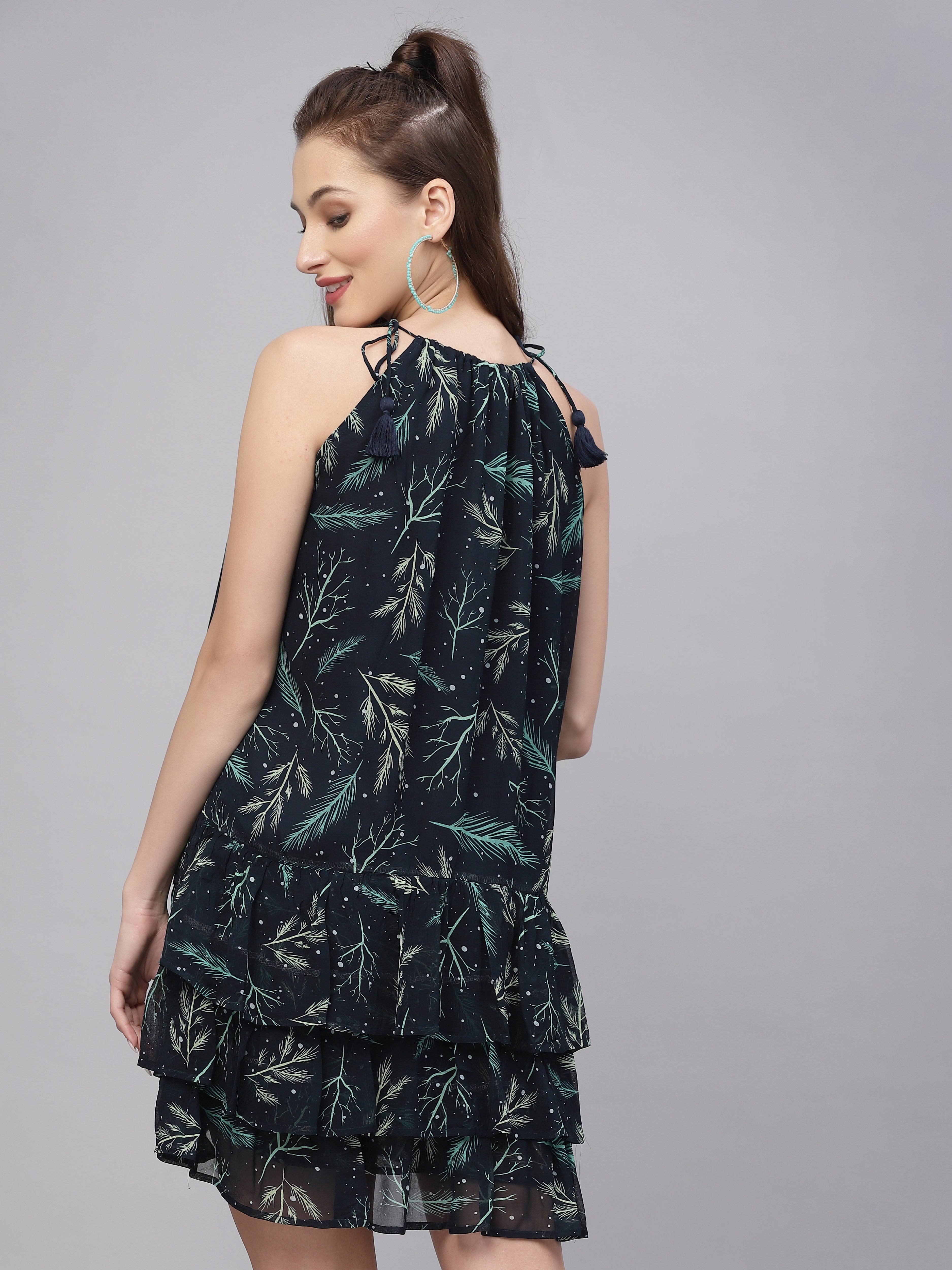 Navy Blue Tie knot leaf Printed Dress