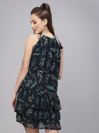 Valbone Women's Navy Blue Tie knot Pattern leaf Printed Dress
