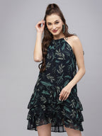 Navy Blue Tie knot leaf Printed Dress